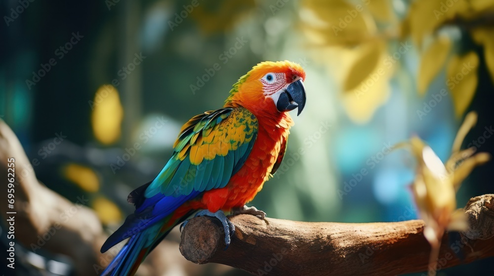 A colorful parrot perched on a branch, surrounded by lush foliage.