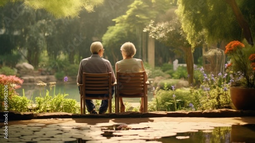 Elderly couple enjoying a peaceful moment together in a picturesque botanical garden.
