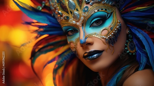 A colorful carnival mask adorning the face of a woman © Sandris_ua