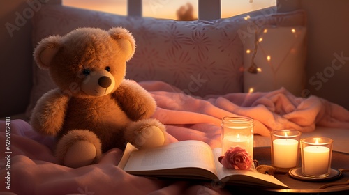 Cozy Nighttime Reading Scene with Teddy Bears and Candles