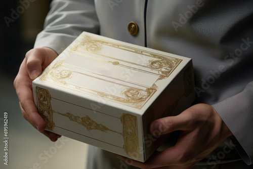 Elegantly adorned with gold details, the box cradled in the hands of a person in a crisp uniform suggests a special delivery, perhaps a gift or a premium product © gankevstock