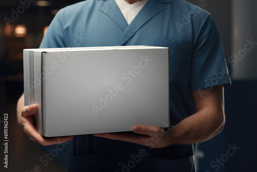 person in a blue medical scrubs holds a pristine white box, symbolizing the care and cleanliness expected in healthcare logistics