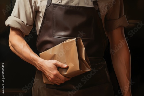 professional in an apron secures a paper wrapped parcel, exhibiting care and attention to detail in the packaging process