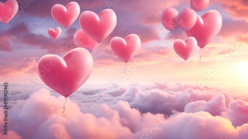 A dreamy Valentine\'s Day wallpaper featuring heart-shaped balloons floating amidst a celestial canvas of pink-hued clouds, creating an ethereal romance.