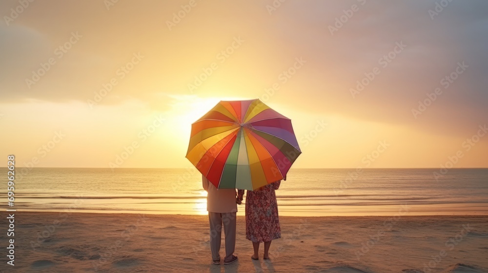 A heartwarming moment as an elderly couple enjoys a romantic sunset on the beach, embracing each other under a parasol.