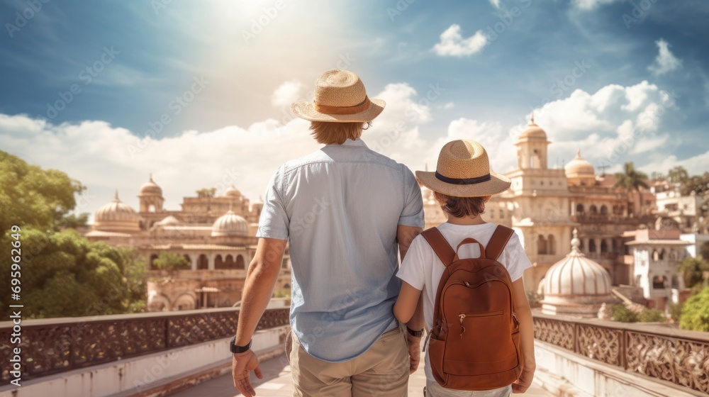 A heartwarming watercolor painting of a father and child exploring their city on a historical or cultural tour, capturing the essence of Father's Day celebration.