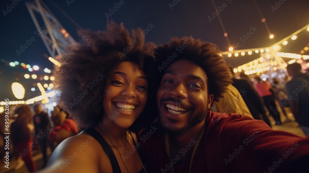 A joyful African-American couple capturing a self-portrait as they groove together under the enchanting evening sky at an outdoor music festival.