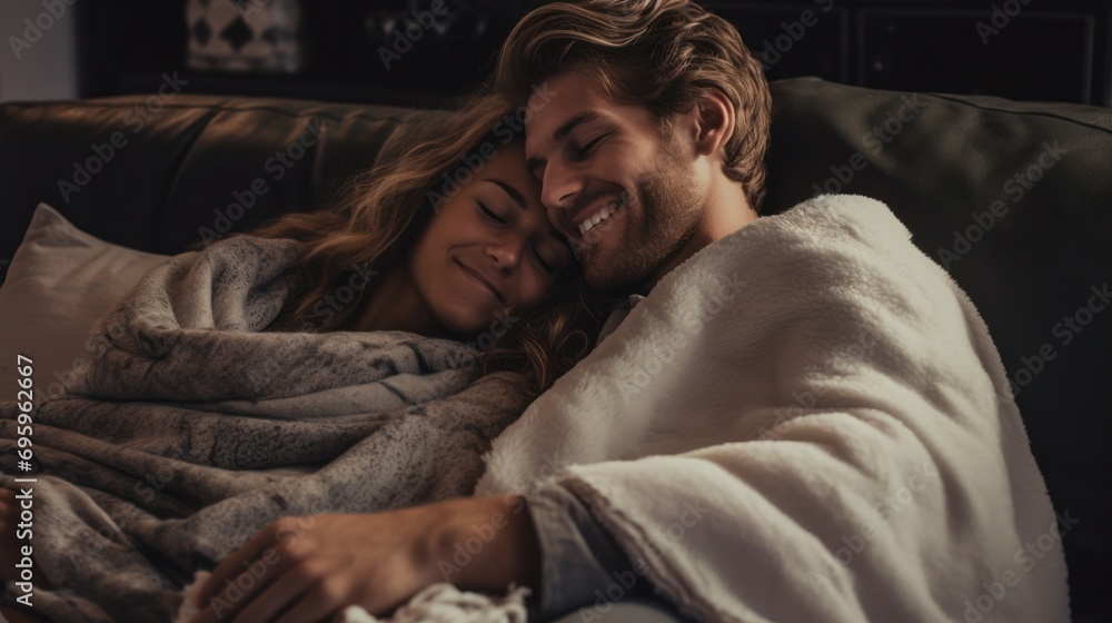 A loving couple enjoying a cozy moment cuddled on a sofa under a comforting blanket.