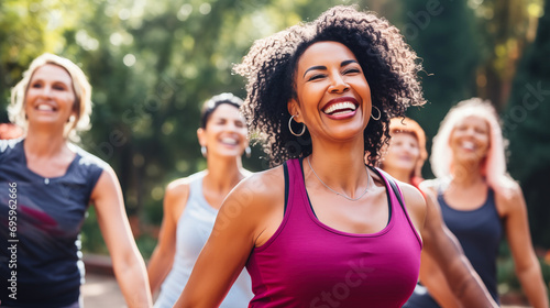 Portrait of happy african american woman in sportswear looking at camera and smiling while exercising with friends in park