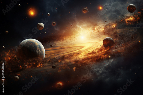 An artist's rendering of a solar system with multiple planets orbiting around a central star generative AI