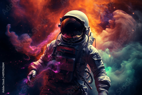 Cinematic scene of an astronaut during an universe exploration learning new civilizations generative AI