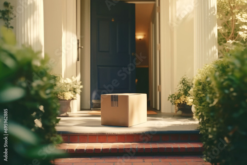 lone cardboard box sits, symbolizing the seamless transition from digital carts to tangible goods. Its arrival marks the culmination of a journey from warehouse to doorstep photo