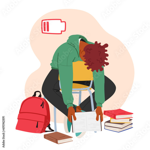 Exhausted Student Slumps With A Bowed Head Sitting On Chair, Drained From The Demands Of Academia, Vector Illustration