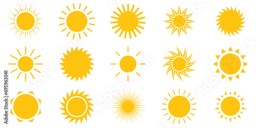 Sun icon set. Yellow sun star icons collection. Summer, sunlight, nature, sky. Vector illustration isolated on white background. photo
