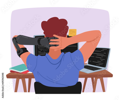 Disabled Male Character With A Hand Prosthesis Works In The Office, Man Watching On Computer Screen Rear View