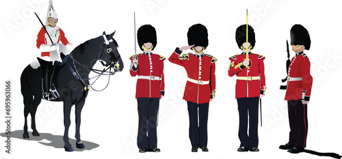 Vector image of five beefeaters. England guards. photo