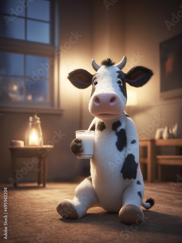 illustrazione di simpatica mucca pezzata che regge un grande bicchiere colmo di di latte photo