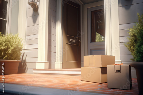 trio of unattended parcels bathes in the warm glow of morning light, resting on the welcoming porch of a suburban home, quiet efficiency of modern delivery services photo