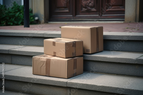 three cardboard boxes of varying sizes on residential front porch, bathed in the soft morning light photo