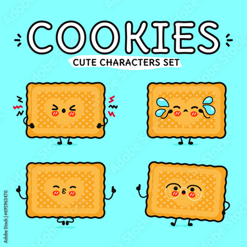 Funny cute happy cookies characters bundle set. Vector hand drawn doodle style cartoon character. Isolated on blue background. Cookies character collection