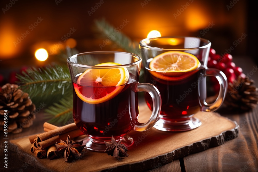 Two glasses of mulled wine on the festive table, blurred Christmas lights on background Two glasses of mulled wine on the festive table, blurred Christmas lights on background