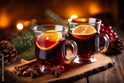 Two glasses of mulled wine on the festive table, blurred Christmas lights on background