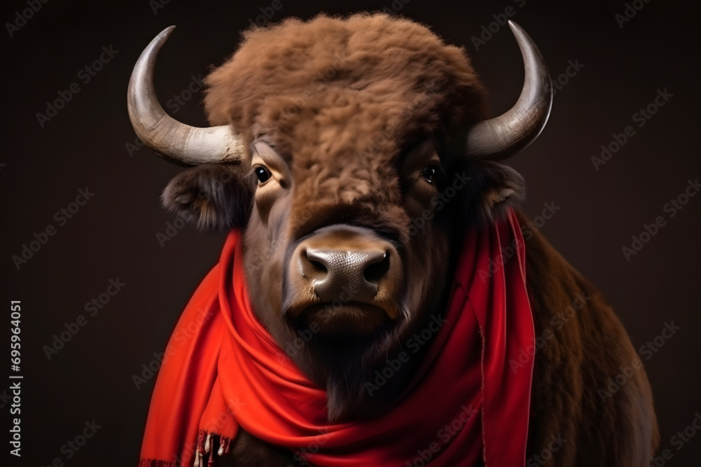 Naklejka premium Robust Bison with Pioneer's Bandana Portrait. Generative AI Illustration