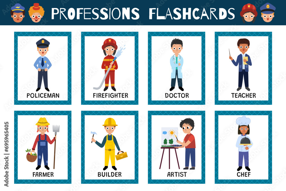 Professions flashcards collection. Occupation flash cards set with cute kids characters for practicing reading skills. Learn feelings vocabulary for school and preschool. Vector illustration Professions flashcards collection. Occupation flash cards set with cute kids characters for practicing reading skills. Learn feelings vocabulary for school and preschool. Vector illustration