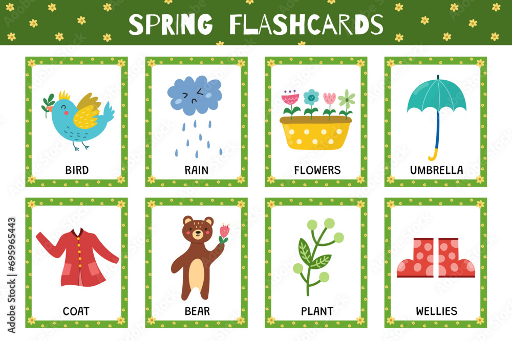 Spring flashcards collection for kids. Flash cards set with cute characters for school and preschool. Learning to read activity for children. Vector illustration
