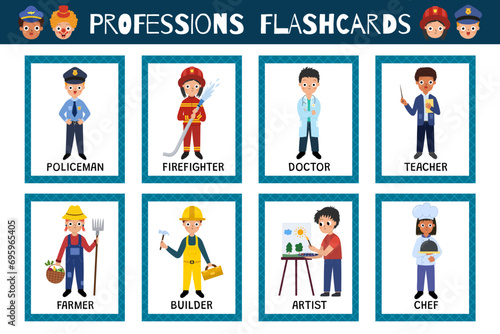 Professions flashcards collection. Occupation flash cards set with cute kids characters for practicing reading skills. Learn feelings vocabulary for school and preschool. Vector illustration