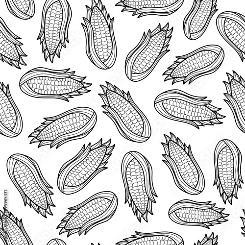 Sweet corn cobs black and white seamless pattern. Ripe vegetables outline background for coloring page, fabric. Vector illustration