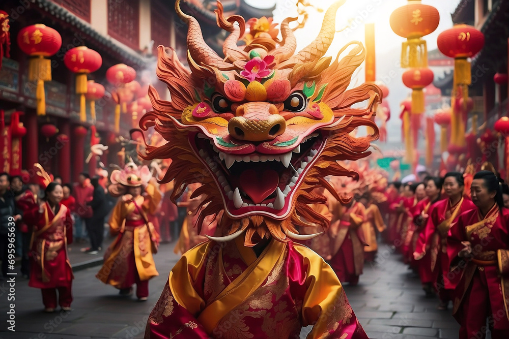 Naklejka premium Chinese Dragon Dances in the streets and people watch the performance, tradition of New Year celebrations Decoration.