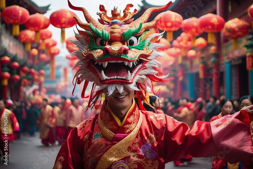 Chinese Dragon Dances in the streets and people watch the performance, tradition of New Year celebrations Decoration.