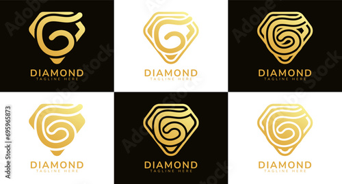 Set of diamond logos with initial letter G. These logos combine letters and rounded diamond shapes using gold gradation colors. Suitable for diamond shops, e-commerce