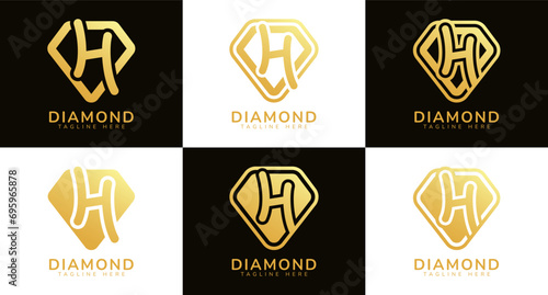 Set of diamond logos with initial letter H. These logos combine letters and rounded diamond shapes using gold gradation colors. Suitable for diamond shops, e-commerce