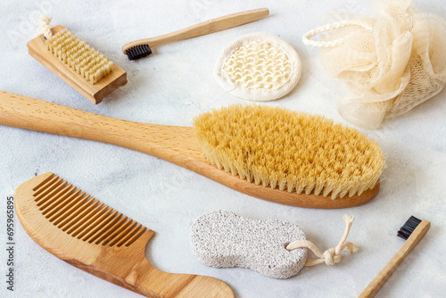 Zero waste bath accessories with massage brush. Cosmetic spa products