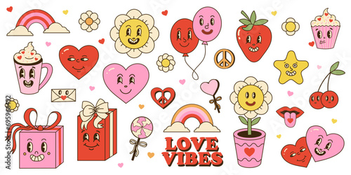 Groovy valentine day set. Daisy and heart with faces. Comic retro stickers for romantic holiday. Hippie love. 70s and 80s cute characters. Decorative elements. Cartoon flat vector illustration