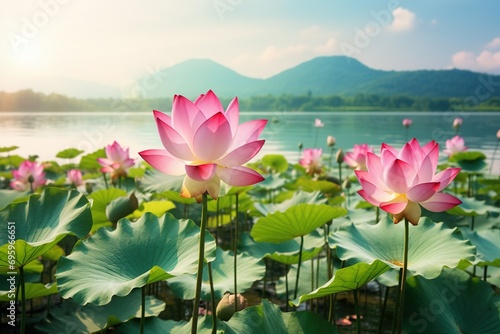 Lotus flower plants with green leaves in lake