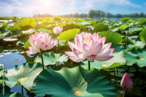 Lotus flower plants with green leaves in lake