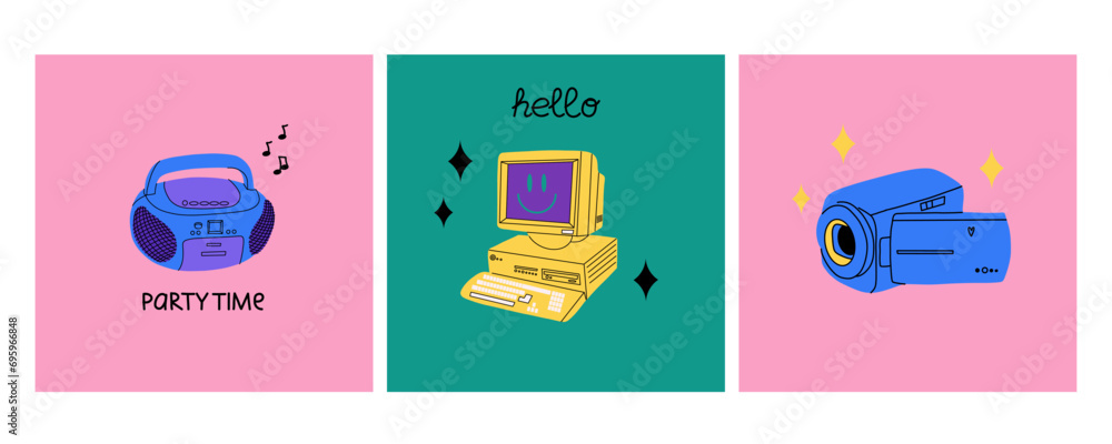 Retro electronics. Computer, flip phone and record player. Tamagochi, headphones and video, camera. Y2k cute stylish attributes. 1990s 2000s style cartoon isolated vector nostalgia illustration - obrazy, fototapety, plakaty 