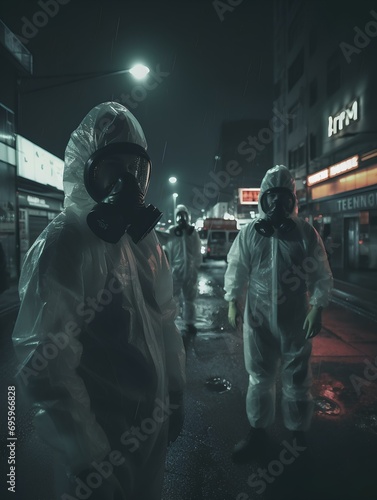 agents in hazmat suits guarding a location on street, a dark, dreary city street late at night backdrop. generative AI