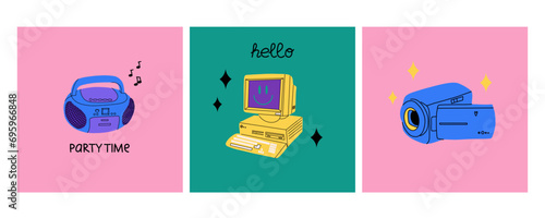 Retro electronics. Computer, flip phone and record player. Tamagochi, headphones and video, camera. Y2k cute stylish attributes. 1990s 2000s style cartoon isolated vector nostalgia illustration photo