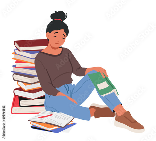 Exhausted And Disheartened, Weary Student Character Slumps Amidst A Tower Of Books, Drowning In Academic Stress