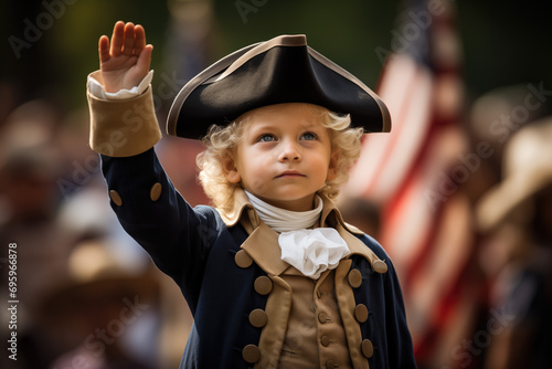 A child in presidential costume saluting flag USA photo