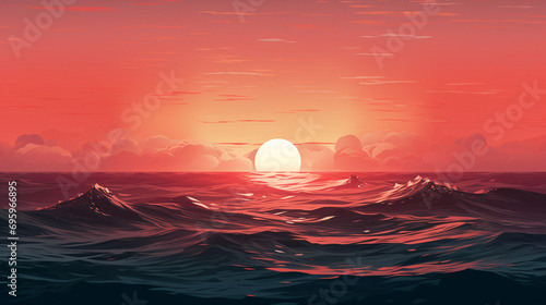 A beach horizon with a red gradient background