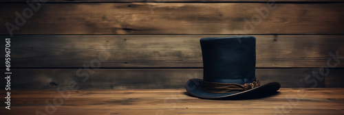 A single Abraham Lincoln's stovepipe hat placed on a textured wooden surface background with empty space for text  photo