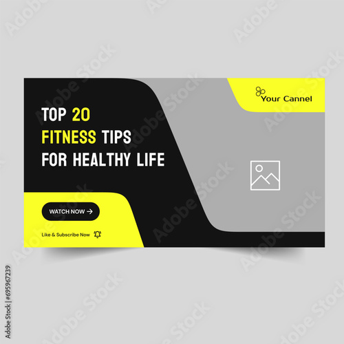 Vector illustration body fitness online training tips and tricks thumbnail design, workout techniques video cover banner, meditation and yoga tips banner, customizable vector eps 10 file format