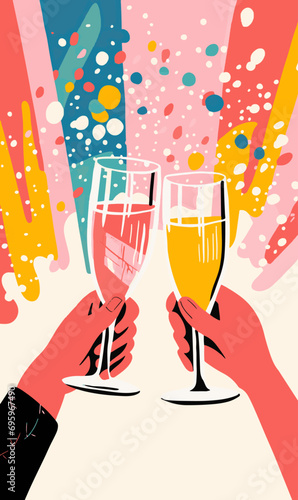 Hands toasting with glasses of champagne. Abstract Celebration or party graphic