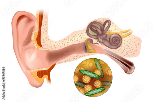 Bacterial ear infection. Ear infection (middle ear). Streptococcus pneumoniae and Haemophilus influenzae photo