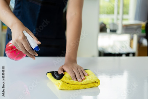 Maid wearing an apron provides cleaning services at home. Close-up of a young woman cleaning a new house or apartment while moving in copy space